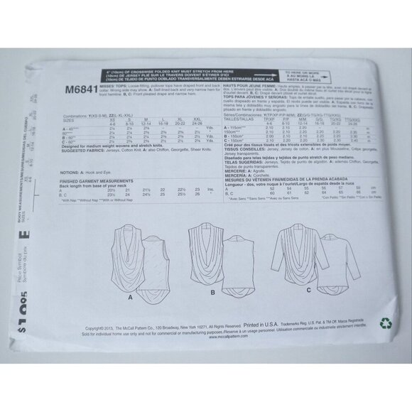 McCall's M6841 Sewing Pattern Misses' Tops Loose Fitting Draped front, Sizes X-S - Picture 3 of 4